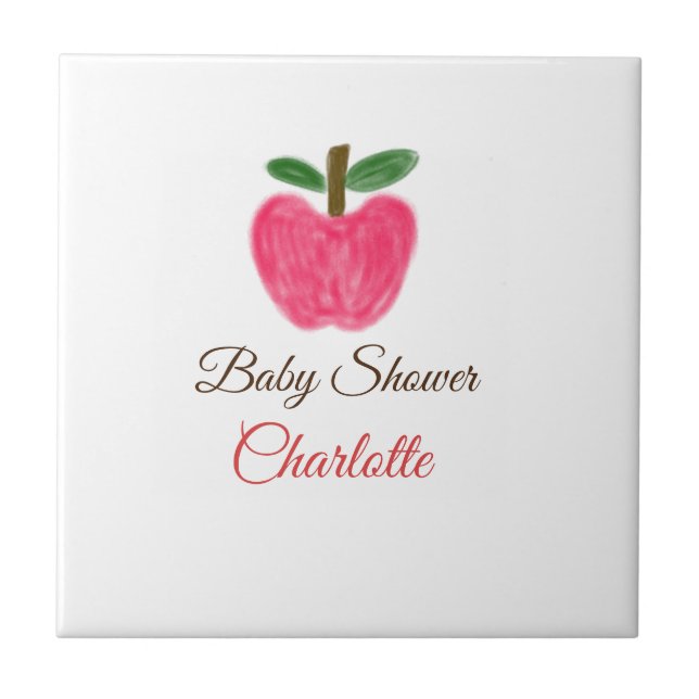 Red Watercolor apple baby shower add name title Tile (Front)