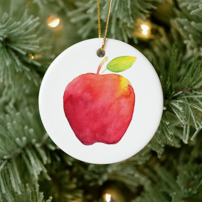 Red Watercolor Apple  Ceramic Ornament (Tree)
