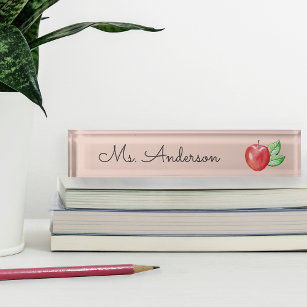 Red Watercolor Apple Personalized Teacher Nameplate