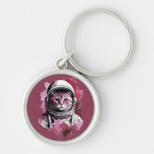Red Watercolor Astronaut Cat Keychain