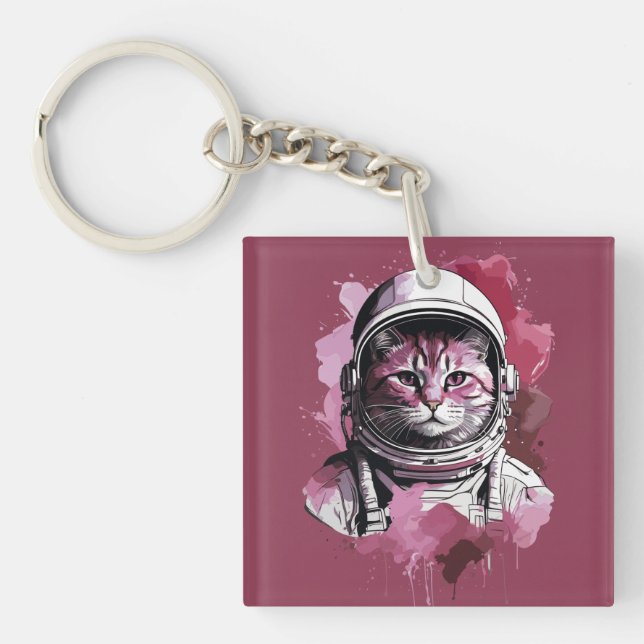 Red Watercolor Astronaut Cat Keychain (Front)