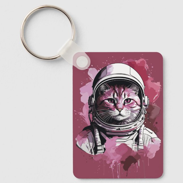 Red Watercolor Astronaut Cat Keychain (Front)
