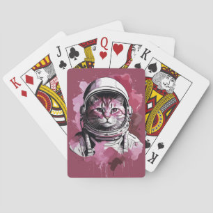 Red Watercolor Astronaut Cat Playing Cards