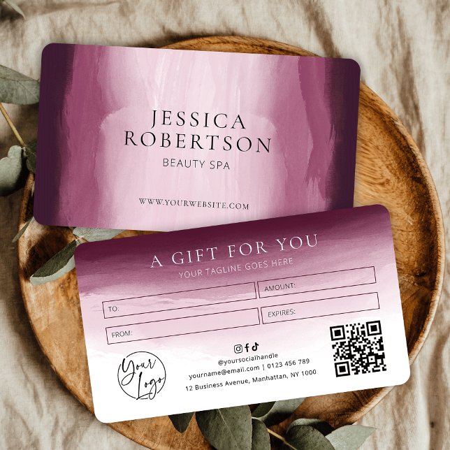 Red Watercolor Beauty Salon Spa Gift Certificate (Elegant burgundy red watercolor business gift voucher with your logo, QR code and contact details)