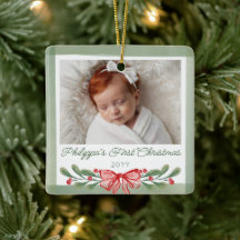 Red Watercolor Berries Bow Baby's First Christmas