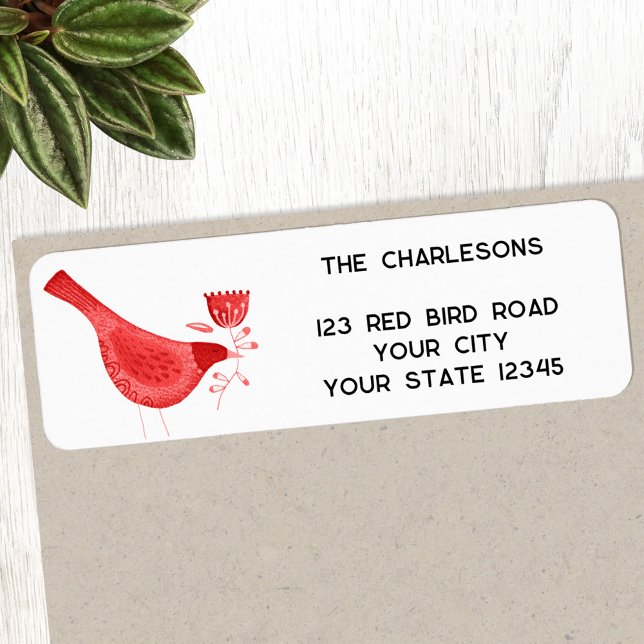 Red Watercolor Bird Adresse de retour (Red watercolor bird personalized return address label, ideal for Christmas and the winter holidays)