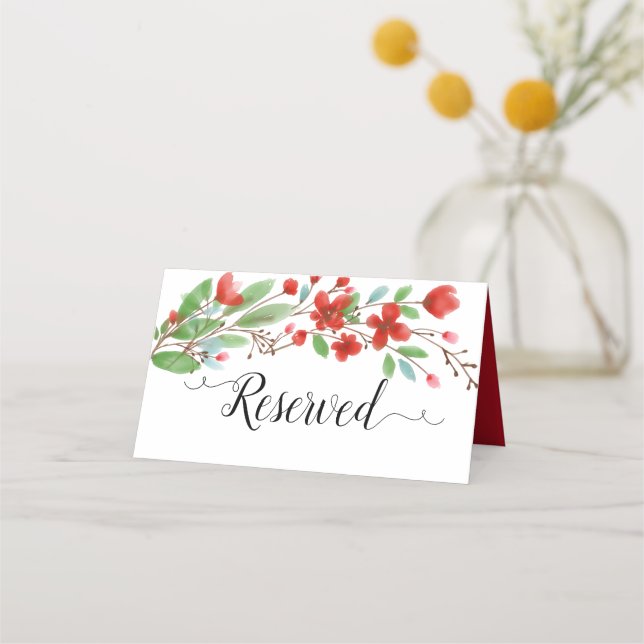 Red Watercolor Blossoms Elegant Wedding Reserved Place Card (Front)