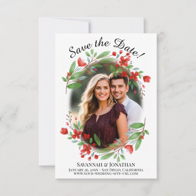 Red Watercolor Blossoms & Greenery Wedding Save The Date (Front)