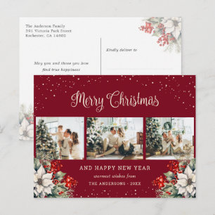 Red Watercolor Botanical Snow Photo Collage Holiday Postcard