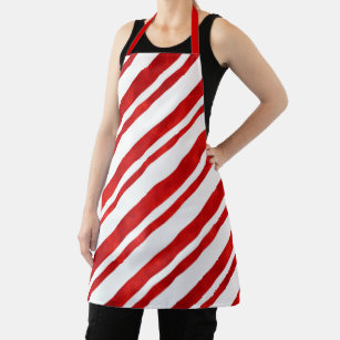 Red Watercolor Candy Cane Stripes Apron