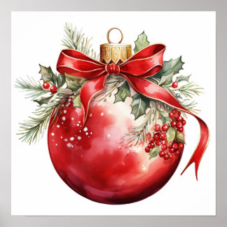 Red Watercolor Christmas Ornament Poster
