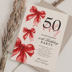 Red Watercolor Coquette Bow 50th Birthday Beige Invitation