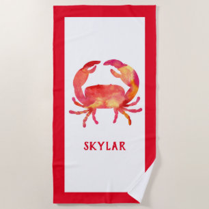 Red Watercolor Crab Ocean Sea Life Marine Kids Beach Towel