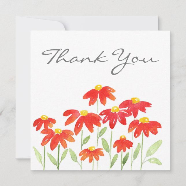 Red Watercolor Daisies Thank You Card (Front)