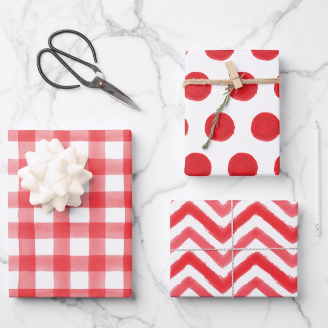 Red Watercolor Dots Gingham Wrapping Paper (Front)