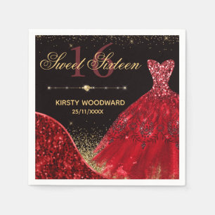 Red Watercolor Dress & red wave Edge Sweet 16 Napkin