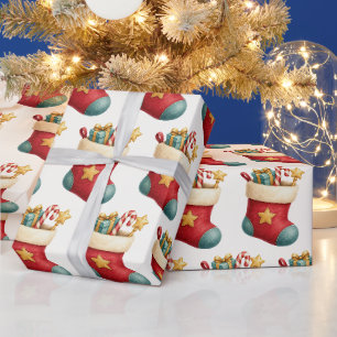 Red Watercolor Festive Christmas Gifts Stockings Wrapping Paper