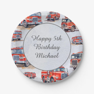 Red Watercolor Firetruck Engine Kid Birthday Party Paper Plate