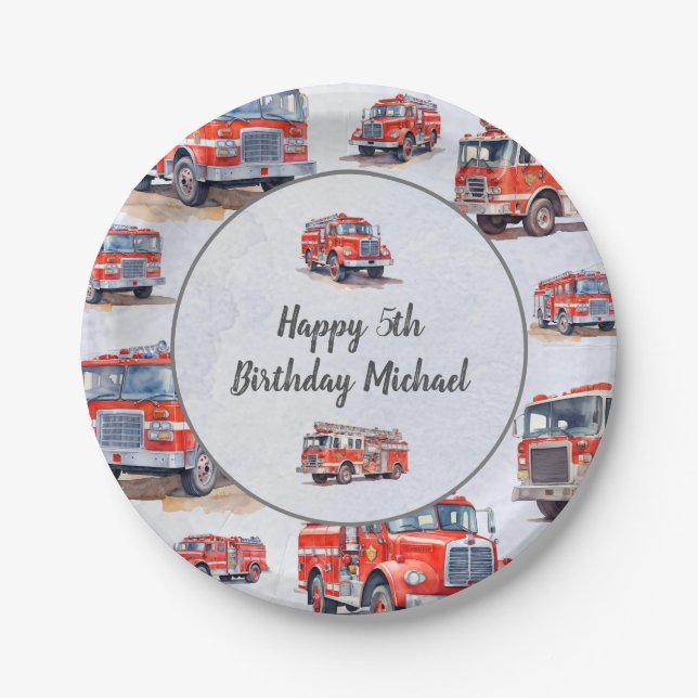 Red Watercolor Firetruck Engine Kid Birthday Party Paper Plate (Front)
