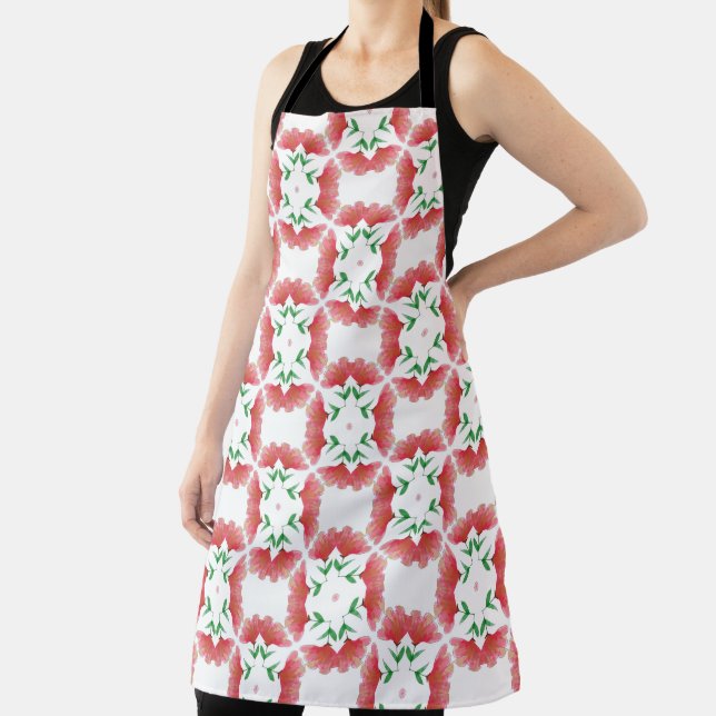 Red watercolor Floral all over print apron (Insitu)