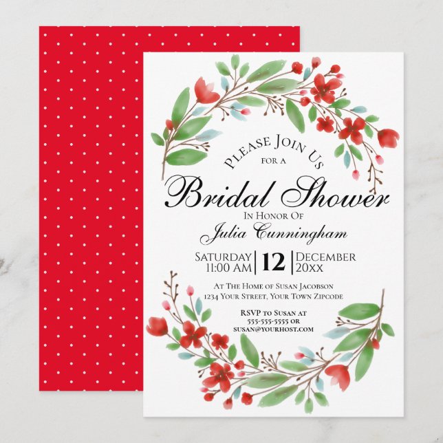 Red Watercolor Floral Bridal Shower Invitation (Front/Back)