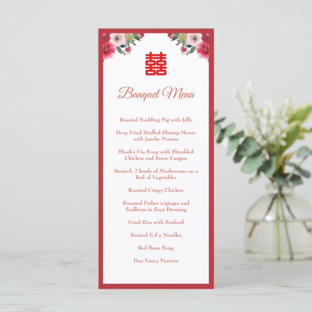 Red watercolor floral Chinese wedding banquet  Menu (Standing Front)