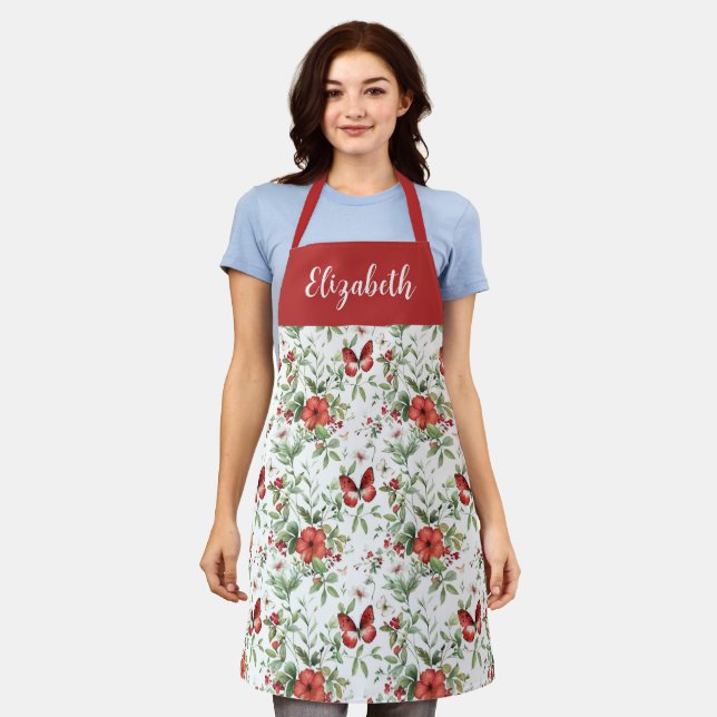 Red Watercolor Floral Custom Name Apron (Worn)