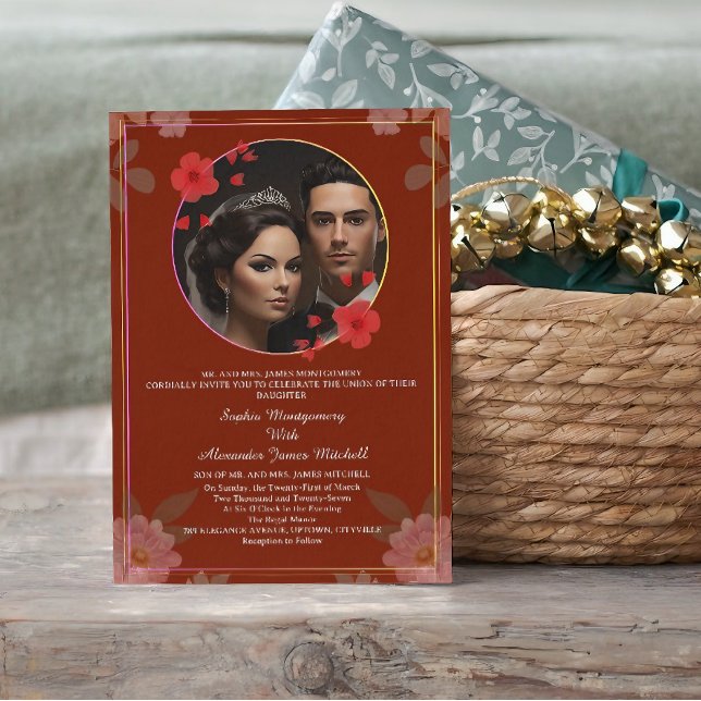 Red Watercolor Floral Frame Wedding Invitation QR  (wedding invitation, paper source wedding invitations, rsvp card, wedding save the date)