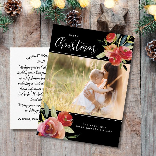 Red Watercolor Floral Merry Christmas Photo Postcard (Creator Uploaded)