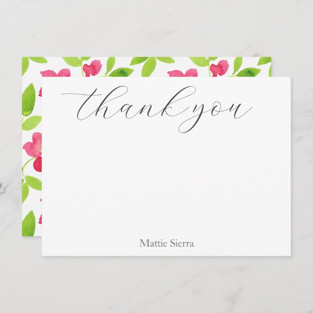 Red Watercolor Floral Pattern Thank You Card (Front/Back)