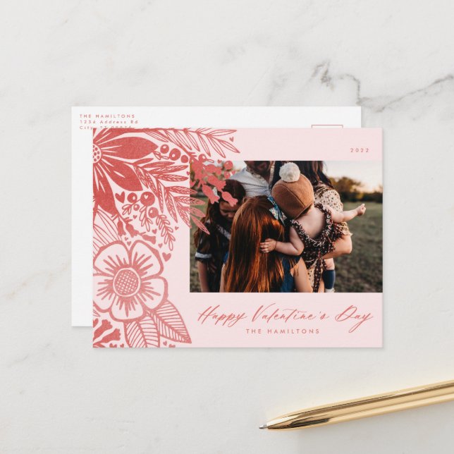 Red Watercolor Floral Valentines Day Bouquet Holiday Postcard (Front/Back In Situ)