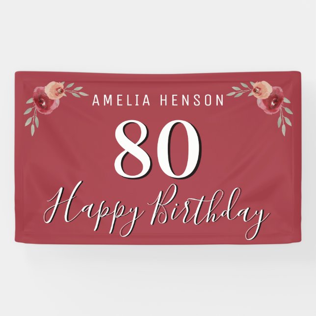 Red Watercolor Flower Floral 80th Birthday Banner (Horizontal)