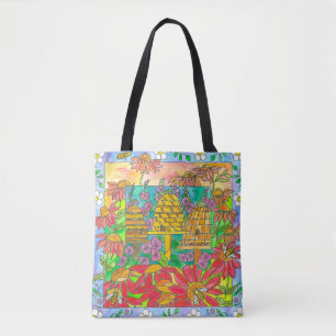 Red Watercolor Flowers Honey Bee Skeps Tote Bag