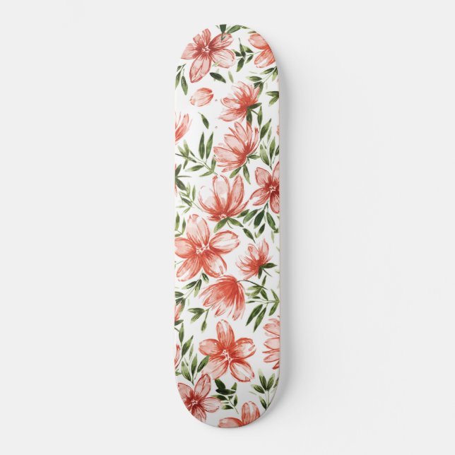 Red Watercolor Flowers Skateboard (Front)