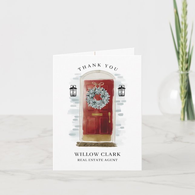 Red Watercolor Front Door & Wreath Thank You Card (Front)