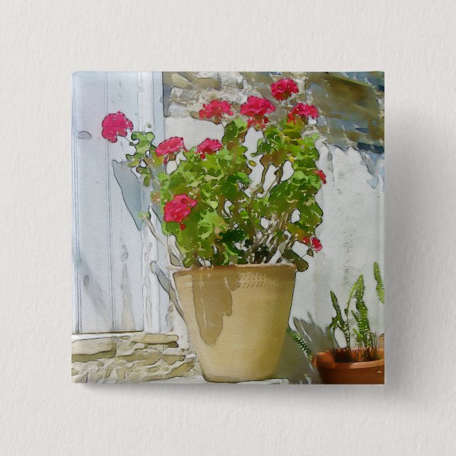 Red watercolor geranium 2 inch square button (Front)