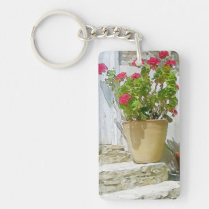 Red watercolor geranium keychain