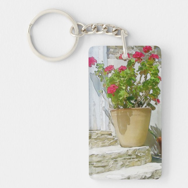 Red watercolor geranium keychain (Front)