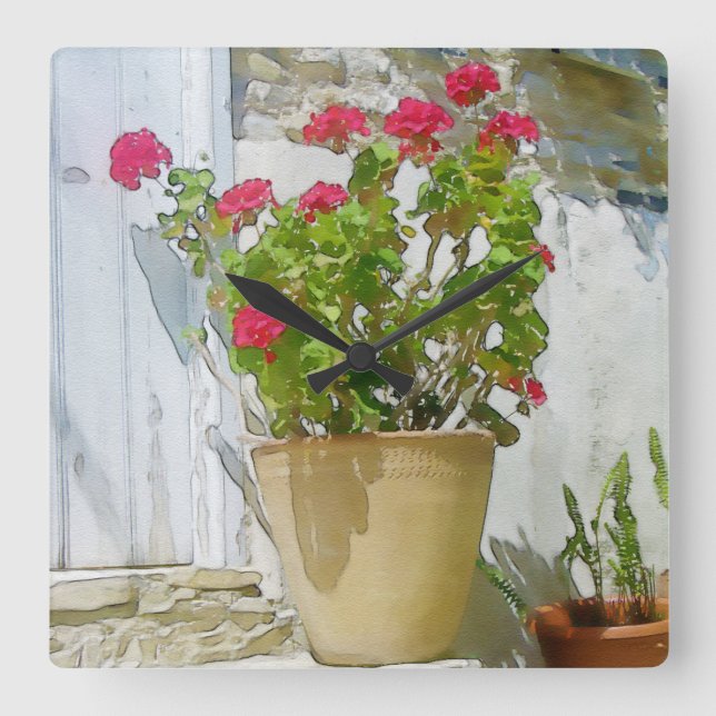 Red watercolor geranium square wall clock (Front)