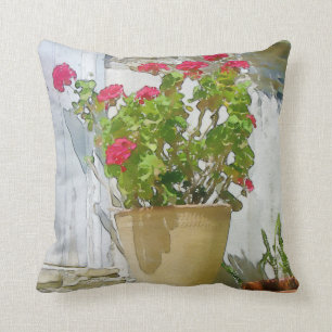 Red watercolor geranium throw pillow