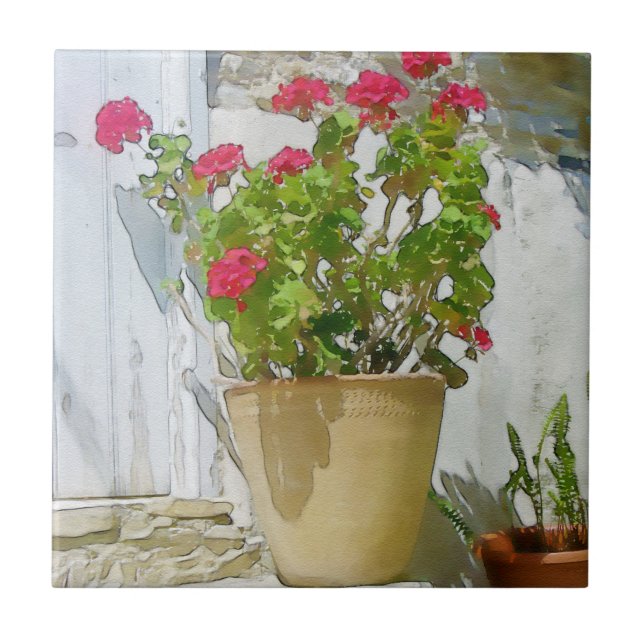 Red watercolor geranium tile (Front)