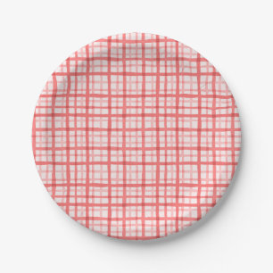 Red Watercolor Gingham Pattern Birthday Paper Plate