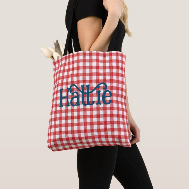 Red Watercolor Gingham Personalized Tote Bag (Close Up)