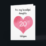 Red Watercolor Heart 20th Birthday Card<br><div class="desc">A personalized 20th birthday card for her which features a red watercolor heart on the front. You will be able to easily personalize the front of the birthday card with her age and name. This personalized heart 20th birthday card would be a great birthday card keepsake for her.</div>
