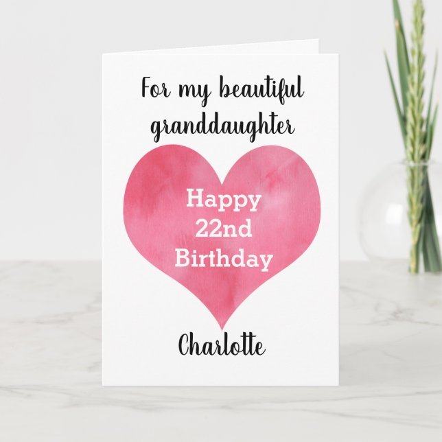 Red Watercolor Heart 22nd Birthday Card (Front)