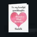 Red Watercolor Heart 22nd Birthday Card<br><div class="desc">A red watercolor heart 22nd birthday card for her. You will be able to easily personalize the front of the card with her name. The inside card message and back of the card can also be personalized. This twenty second birthday card would make a wonderful card keepsake for her.</div>