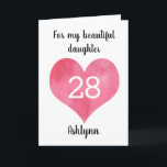 Red Watercolor Heart 28th Birthday Card<br><div class="desc">A red watercolor heart 28th birthday card,  which you can personalize with the age you need and add her name underneath the heart. The inside card message can also be edited. This would make a unique twenty eighth birthday card keepsake for her.</div>
