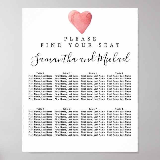 Red Watercolor Heart 8-Table Wedding Seating Chart (Front)