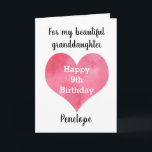Red Watercolor Heart 9th Birthday Card<br><div class="desc">A personalized red watercolor heart 9th birthday card for granddaughter,  goddaughter,  daughter,  etc. The front of this modern 9th birthday card can be easily personalized with her name. The inside card message can also be edited. This heart ninth birthday card would make a sweet birthday keepsake card for her.</div>