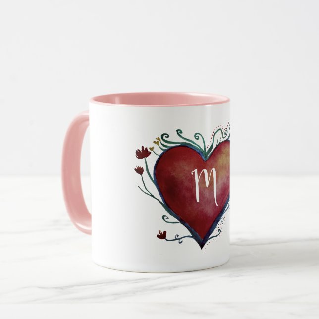 Red Watercolor Heart Custom Initial Mug (Front Left)